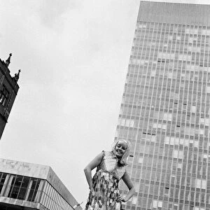 June Hodgson wearing a razor blade dress in Sheffield. 14th September 1967