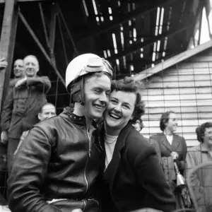 K. Farrant with his girlfriend after winning the Senior Grand Prix at Douglas