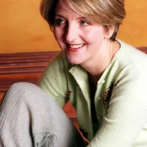 Kaye Adams TV presenter February 1999 wearing green cardigan linen trousers Kaye Adams TV presenter February 1999 wearing green cardigan linen trousers