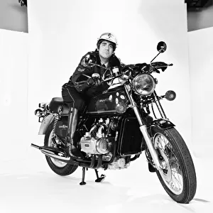 Keith Moon, drummer of The Who rock group pictured in the studios on a Honda Gold Wing