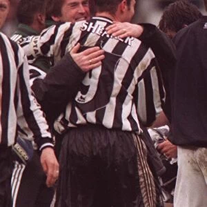 Kenny Dalglish Newcastle manager April 1997 hugging Alan Shearer who had scored