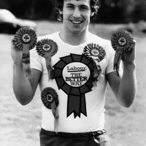 Kenny Sansom Arsenal and England footballer May 1979 wearing a Labour Party T
