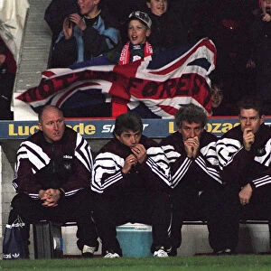 Kevin Keegan Newcastle United Football Manager and his staff sit on the bench in