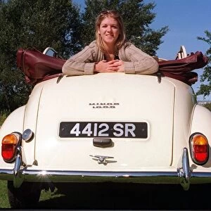 Kirsty Morgan leaning out of the back of Morris Minor Tourer 16th Septeber 1997