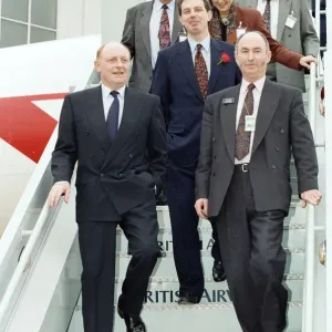 Labour leader Neil Kinnock visits the British Airways training centre at Heathrow Airport