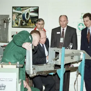Labour leader Neil Kinnock visits the British Airways training centre at Heathrow Airport