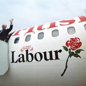 Labour leader Neil Kinnock visits the British Airways training centre at Heathrow Airport