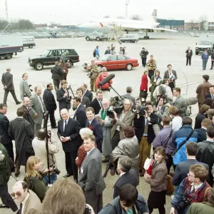 Labour leader Neil Kinnock visits the British Airways training centre at Heathrow Airport