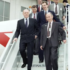 Labour leader Neil Kinnock visits the British Airways training centre at Heathrow Airport