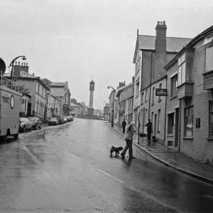 Black and white print of Michael Foot walking his dog in Tredegar, Wales Black and white print of Michael Foot walking his dog in Tredegar, Wales