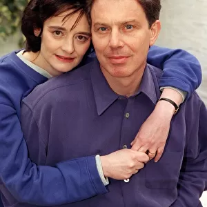 Labour party leader Tony Blair with wife Cherie Blair at home before the start of