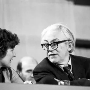 Labour politician Michael Foot talks to Barbara Castle during a debate on the Common