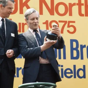 Labour Secretary of State for Energy Tony Benn pictured with bottle of oil