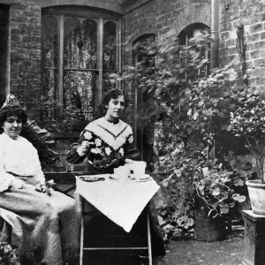 Two ladies take tea in the garden in Balsall Heath. 15th February 1865