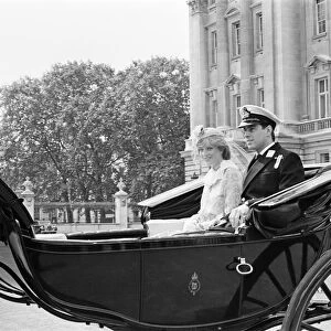 Lady Diana Spencer joins Prince Andrew in the carriage as they leave Buckingham Palace