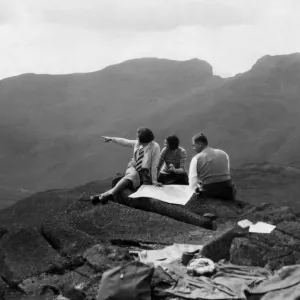 Lakeland Hikers on Bowfell, Scafell and Scafell Pike Print
