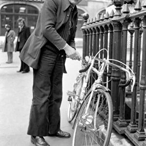 Larry Adler, musician seen here with his push bike. April 1975 S75-1891