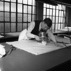Latex being cut for straps at the Spirella Corset factory, Print 01303 Latex being cut for straps at the Spirella Corset factory, Print 01303