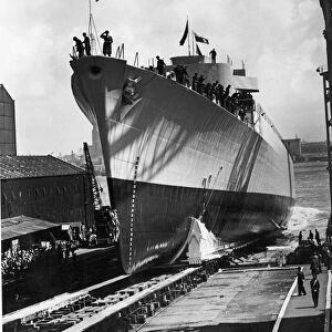 Launch of the County Class Royal Navy destroyer HMS Devonshire at Cammell Laird shipyard
