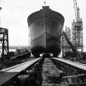 Launching of the 12000 ton container ship Manchester Courage moves down the slipway Launching of the 12000 ton container ship Manchester Courage moves down the slipway