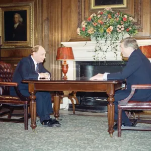 Black and white print of Neil Kinnock interviewed by David Dimbleby in 1992 Black and white print of Neil Kinnock interviewed by David Dimbleby in 1992