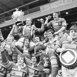 Leeds RLFC celebrating their 16 - 7 victory over Widnes in the Rugby League Cup Final Leeds RLFC celebrating their 16 - 7 victory over Widnes in the Rugby League Cup Final