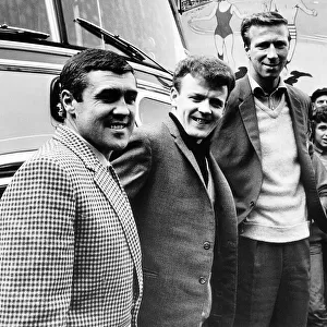 Leeds United football players Bobby Collins, Billy Bremner & Jack Charlton return home to