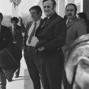Leeds United manager Don Revie goes with some of his backroom staff the team return to