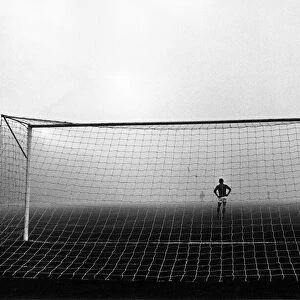 Leeds United v. Birmingham City. Birmingham keeper Kelly stands alone in the fog
