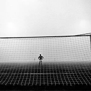 Leeds United v. Birmingham City. Birmingham keeper Kelly stands alone in the fog during
