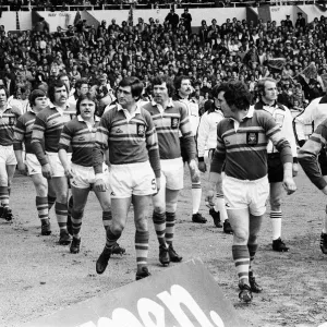 Leeds and Widnes players make their way on to the pitch at the start of the Rugby League Leeds and Widnes players make their way on to the pitch at the start of the Rugby League