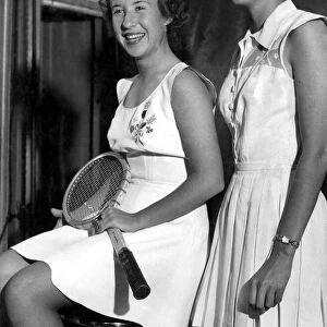 On the left Maureen Connolly wears a tennis outfit made of Italian ribbed rayon with gold