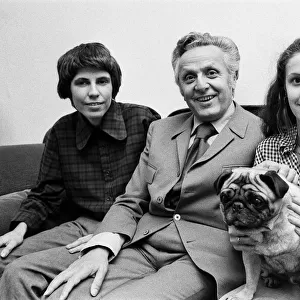 Leo Abse MP with children Tobias and Bathsheba holding pug dog. 22nd May 1973