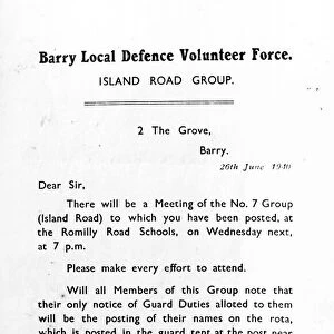 Letter to the Barry Local Defence Volunteer Force. 26th June 1940