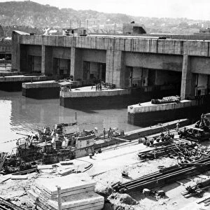 In liberated Norway. The bomb proof submarine pens at Trondheim, Norway. May 1945