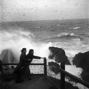 Lillian Wills and Mauri Wearne in gale at Mevagissey Cornwall. November 1952 C5817