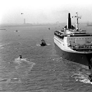 The liner QE2 departs from Southampton to take British soldiers off to war in