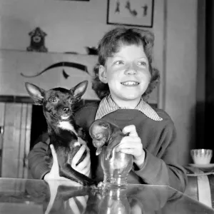 Little girl and pup: Educating Archie to sit in a glass is ten-year-old Carol Stuart