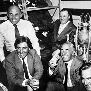 Liverpool manager Bob Paisley in the boot room with his staff left to right