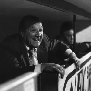 Liverpool manager Bob paisley in happy mood in his dugout. Circa 1981 Liverpool manager Bob paisley in happy mood in his dugout. Circa 1981