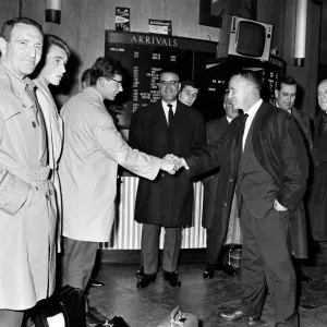 Liverpool manager Bill Shankly greets Jozef Jurion, captain of the Belgian team