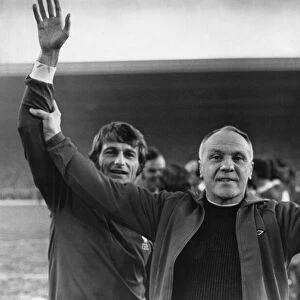 Liverpool manager Bill Shankly presents Roger Hunt to the fans at Anfield ahead of his
