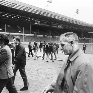 Liverpool manager Bill Shankly at Wembley Stadium to inspect the pitch ahead of his Liverpool manager Bill Shankly at Wembley Stadium to inspect the pitch ahead of his
