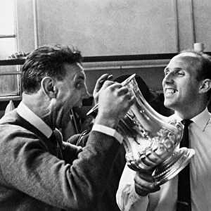 Liverpool staff Joe Fagan and Ronnie Moran celebrating their team