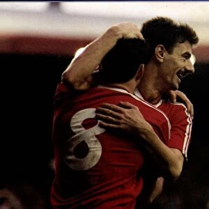 Liverpools Ian Rush and John Aldridge celebrate a goal during a Division One match