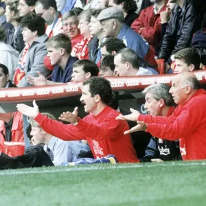 Liverppol manager Graeme Souness in the dugout at Anfield with assistants Roy Evans Liverppol manager Graeme Souness in the dugout at Anfield with assistants Roy Evans