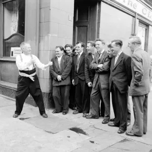 Print of locals joking with a pub landlord at The Clyde in Govan, 1956