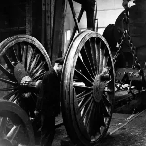 Locomotive wheels seen here under going maintenance at the Southern Railways engine shed