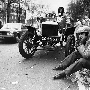 London to Brighton Veteran Car Rally 1982. DJ Terry Wogan sits