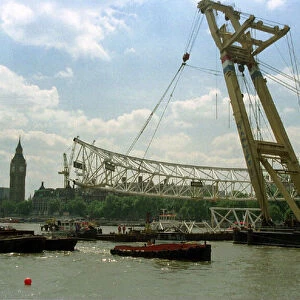 London Eye Wheel Construction work June 1999. First section is put in place
